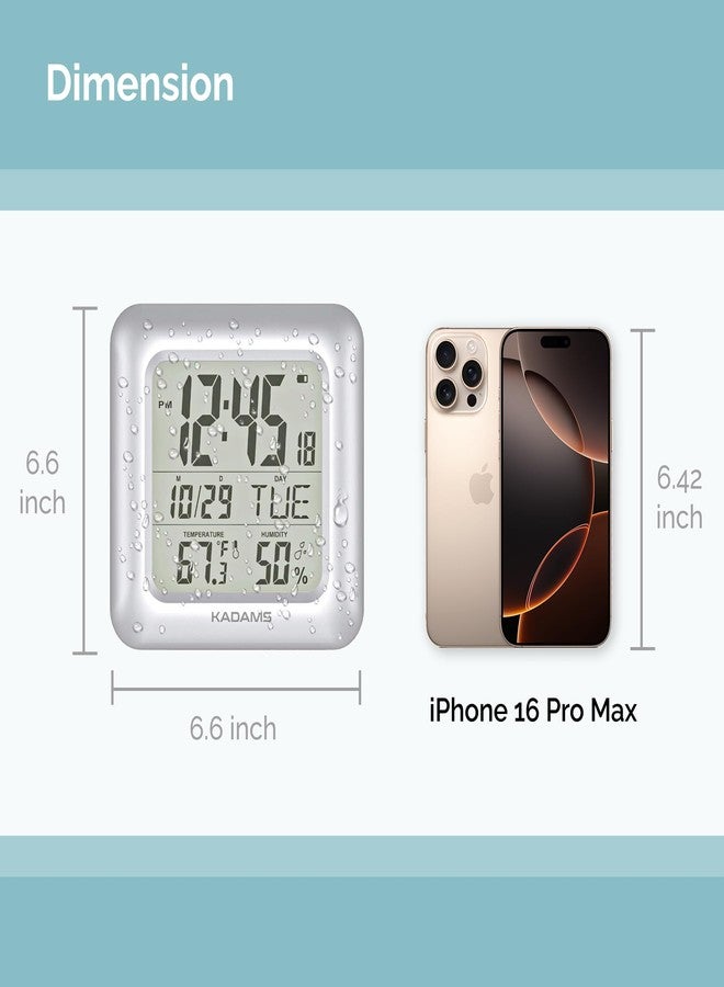 KADAMS ساعة حمام KADAMS، ساعة حائط للمطبخ مقاس 9.5 بوصة بشاشة LCD كبيرة - ساعة دش مزودة بكوب شفط، تعرض درجة الحرارة والرطوبة والتقويم - مقاومة للماء، 4 خيارات للتركيب، فضية اللون - Image 4